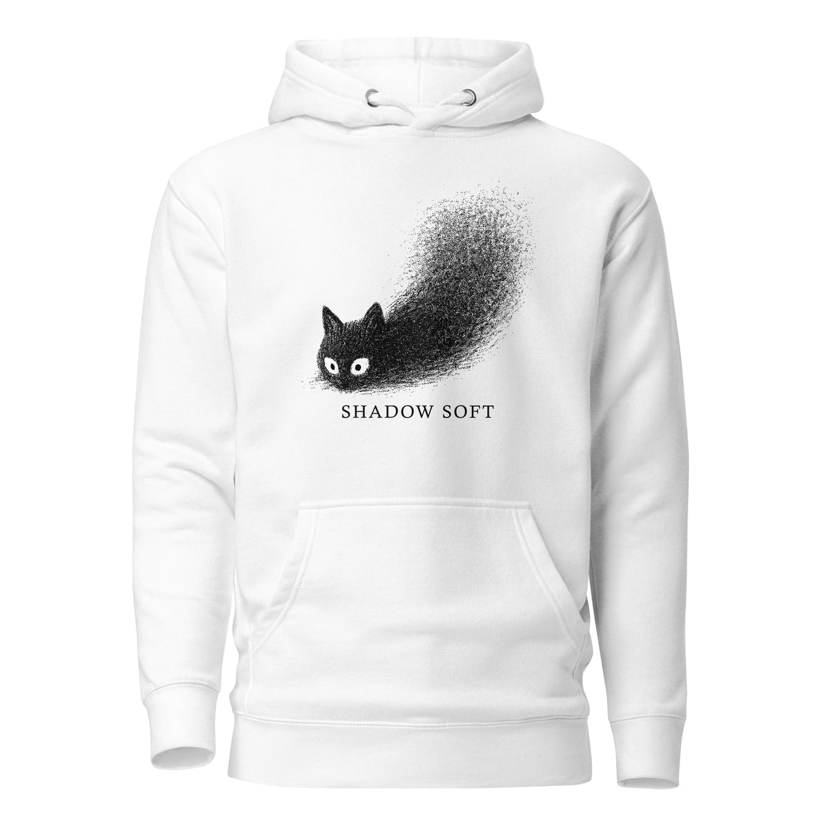 Shadow Soft black cat illustration with wide eyes disappearing into a large stippled black shadow, with vintage typography.