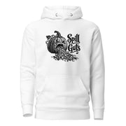 Spill Guts black ink illustration of an expressive carved jack-o'-lantern spilling stringy pumpkin pulp and seeds from its mouth beside decorative hand-lettered text on a hoodie.
