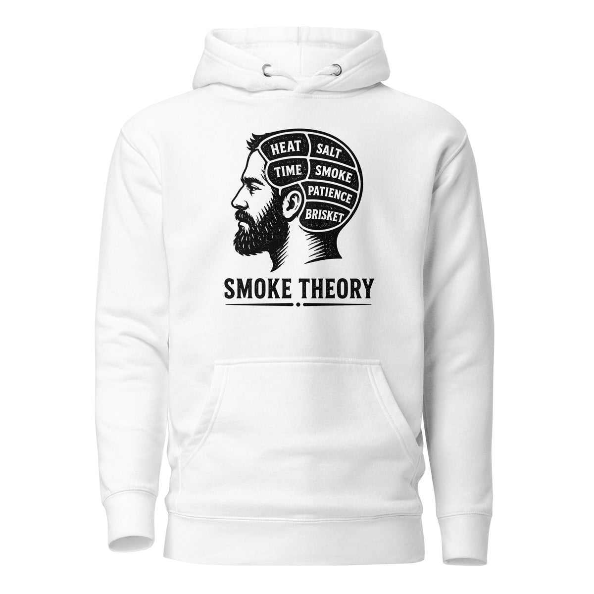 Smoke Theory hoodie featuring a black ink illustration of a bearded man's profile with a phrenology-style head labeled Heat, Salt, Time, Smoke, Patience, and Brisket.