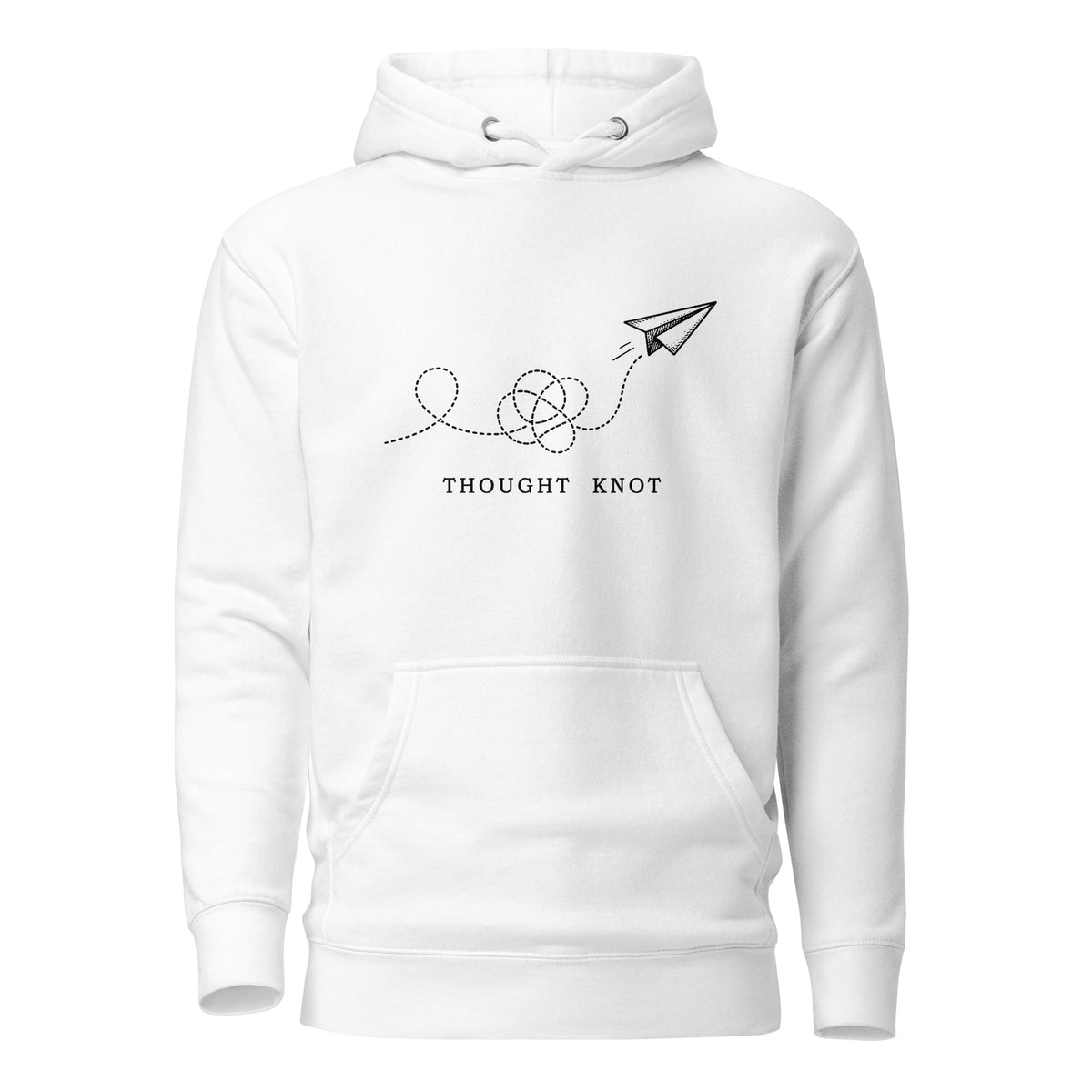 Thought Knot hoodie with vintage black-ink paper airplane illustration and tangled dotted flight path.