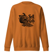 Spill Guts black ink illustration of an expressive carved jack-o'-lantern spilling stringy pumpkin pulp and seeds from its mouth beside decorative hand-lettered text on a sweatshirt.