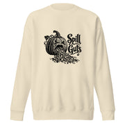 Spill Guts black ink illustration of an expressive carved jack-o'-lantern spilling stringy pumpkin pulp and seeds from its mouth beside decorative hand-lettered text on a sweatshirt.