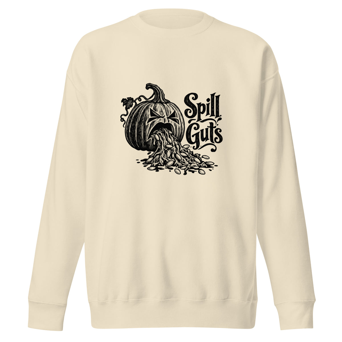 Spill Guts black ink illustration of an expressive carved jack-o'-lantern spilling stringy pumpkin pulp and seeds from its mouth beside decorative hand-lettered text on a sweatshirt.