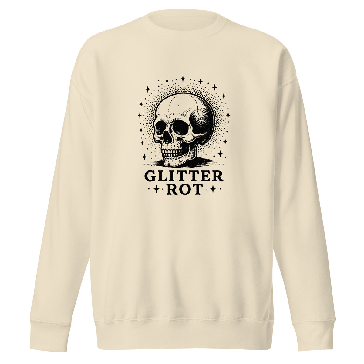Black ink vintage-style illustration of a weathered human skull surrounded by a celestial halo of stars above the words "Glitter Rot" in bold serif lettering on a sweatshirt.