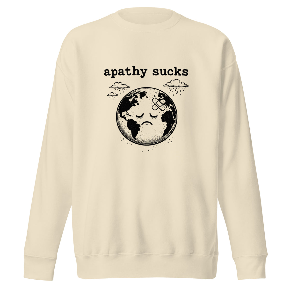 Vintage black-and-white linocut illustration of a sad Earth with a bandage on its forehead beneath rainy clouds and the words "Apathy Sucks" on a sweatshirt.