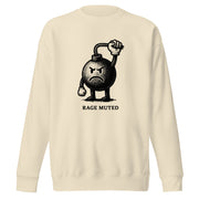 Vintage black-and-white illustration of an angry cartoon bomb pinching its own burning fuse with the words "Rage Muted" underneath, on a sweatshirt.