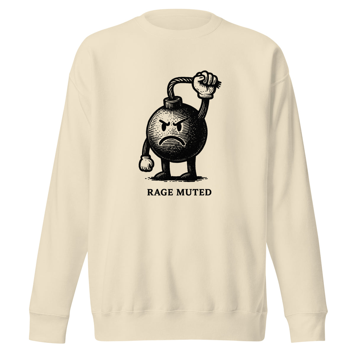Vintage black-and-white illustration of an angry cartoon bomb pinching its own burning fuse with the words "Rage Muted" underneath, on a sweatshirt.