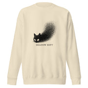 Shadow Soft black cat illustration with wide eyes disappearing into a large stippled black shadow, with vintage typography on a sweatshirt.