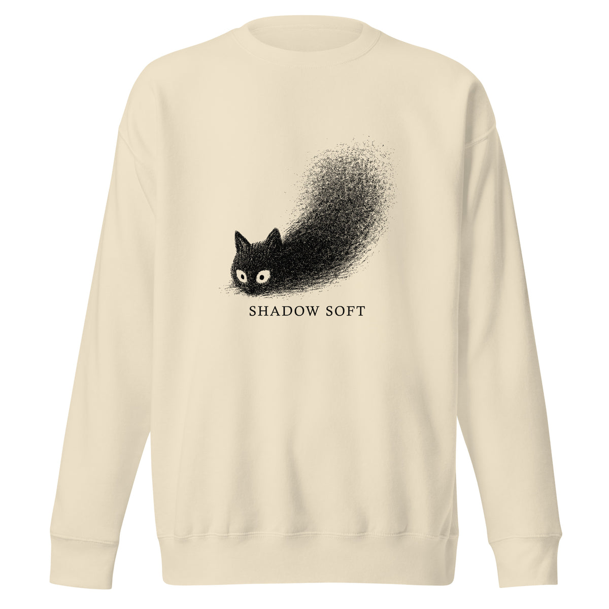 Shadow Soft black cat illustration with wide eyes disappearing into a large stippled black shadow, with vintage typography on a sweatshirt.