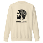 Smoke Theory sweatshirt featuring a black ink illustration of a bearded man's profile with a phrenology-style head labeled Heat, Salt, Time, Smoke, Patience, and Brisket.