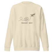 Thought Knot crewneck sweatshirt displaying a vintage paper airplane with a tangled dotted flight path.