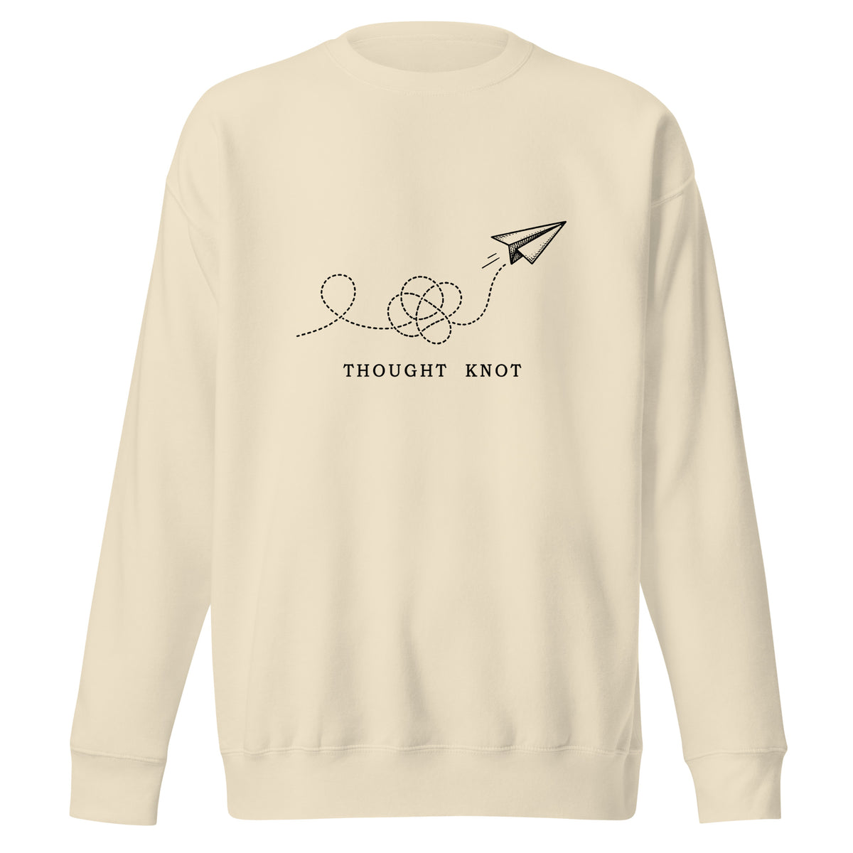 Thought Knot crewneck sweatshirt displaying a vintage paper airplane with a tangled dotted flight path.