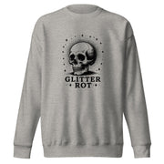 Black ink vintage-style illustration of a weathered human skull surrounded by a celestial halo of stars above the words "Glitter Rot" in bold serif lettering on a sweatshirt.