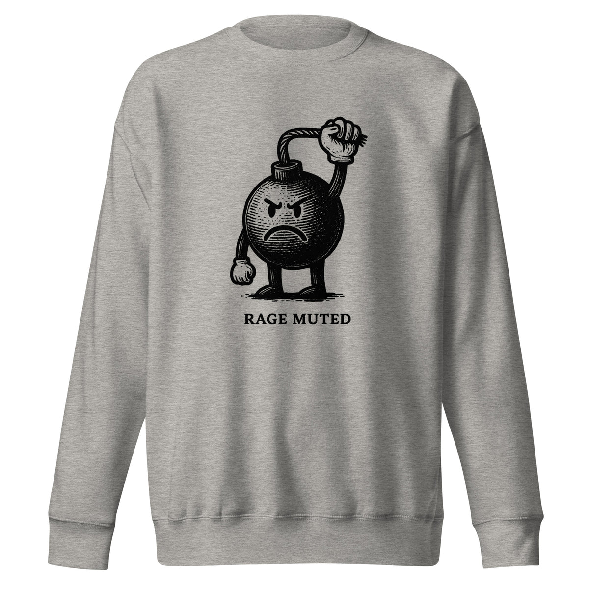 Vintage black-and-white illustration of an angry cartoon bomb pinching its own burning fuse with the words "Rage Muted" underneath, on a sweatshirt.
