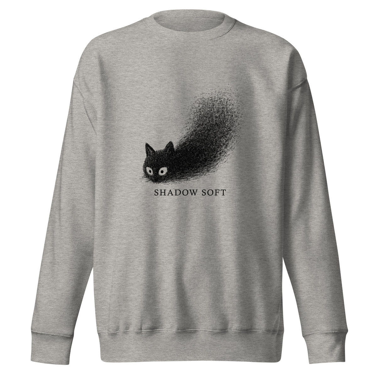 Shadow Soft black cat illustration with wide eyes disappearing into a large stippled black shadow, with vintage typography on a sweatshirt.
