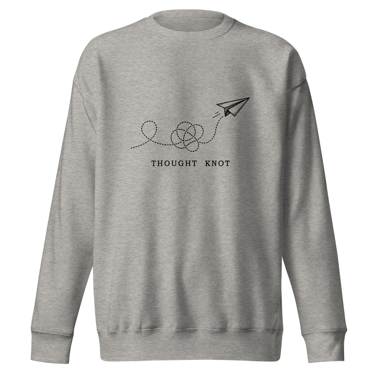 Thought Knot crewneck sweatshirt displaying a vintage paper airplane with a tangled dotted flight path.