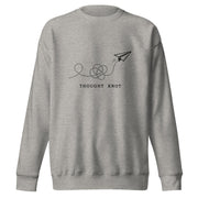 Thought Knot crewneck sweatshirt displaying a vintage paper airplane with a tangled dotted flight path.