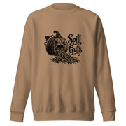 Spill Guts black ink illustration of an expressive carved jack-o'-lantern spilling stringy pumpkin pulp and seeds from its mouth beside decorative hand-lettered text on a sweatshirt.
