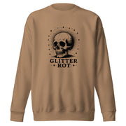 Black ink vintage-style illustration of a weathered human skull surrounded by a celestial halo of stars above the words "Glitter Rot" in bold serif lettering on a sweatshirt.