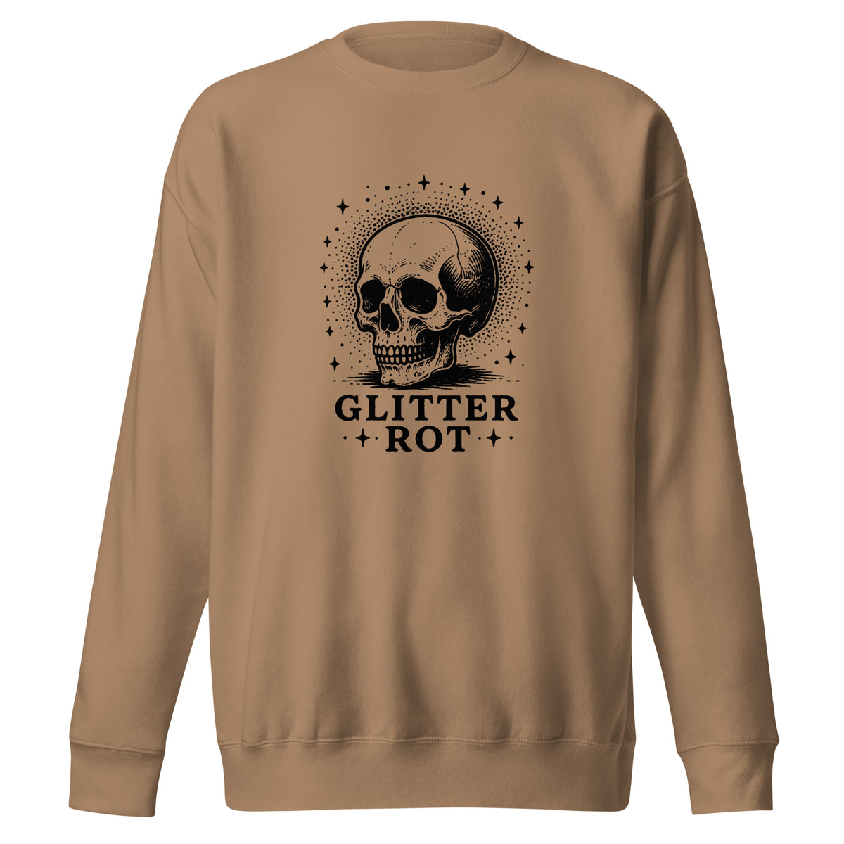 Black ink vintage-style illustration of a weathered human skull surrounded by a celestial halo of stars above the words "Glitter Rot" in bold serif lettering on a sweatshirt.