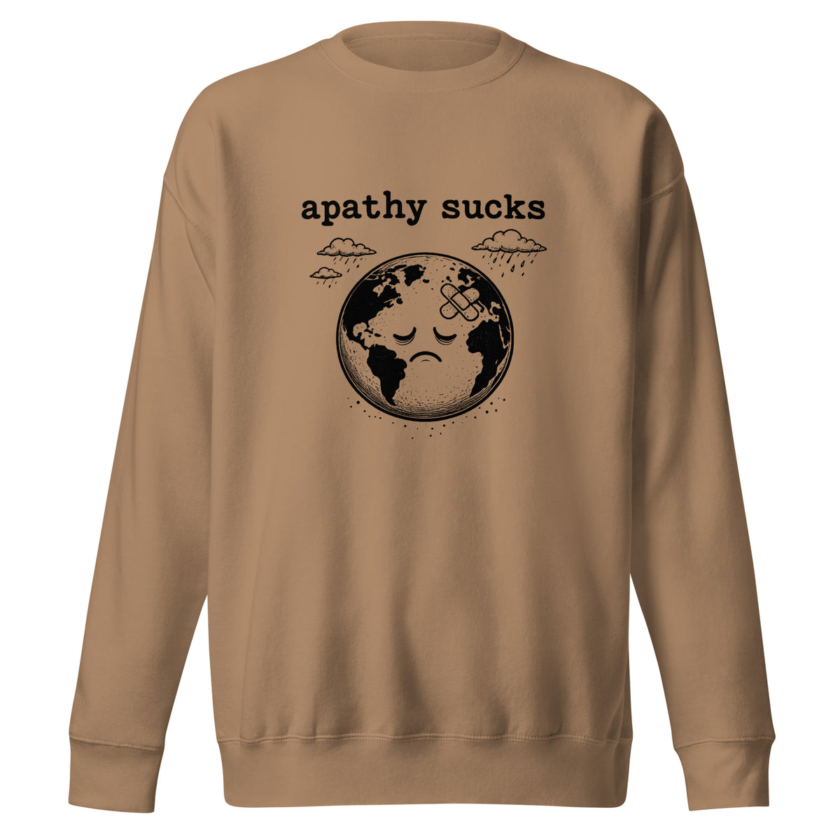 Vintage black-and-white linocut illustration of a sad Earth with a bandage on its forehead beneath rainy clouds and the words "Apathy Sucks" on a sweatshirt.
