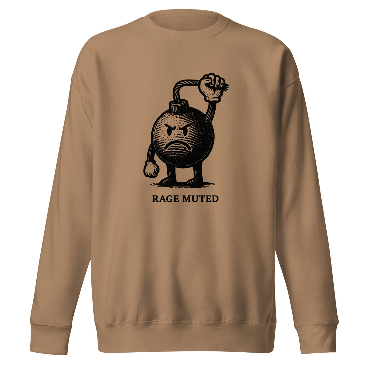 Vintage black-and-white illustration of an angry cartoon bomb pinching its own burning fuse with the words "Rage Muted" underneath, on a sweatshirt.