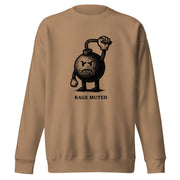 Vintage black-and-white illustration of an angry cartoon bomb pinching its own burning fuse with the words "Rage Muted" underneath, on a sweatshirt.