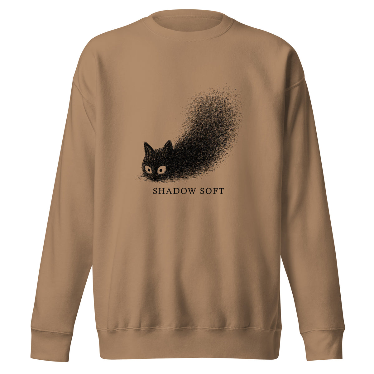 Shadow Soft black cat illustration with wide eyes disappearing into a large stippled black shadow, with vintage typography on a sweatshirt.