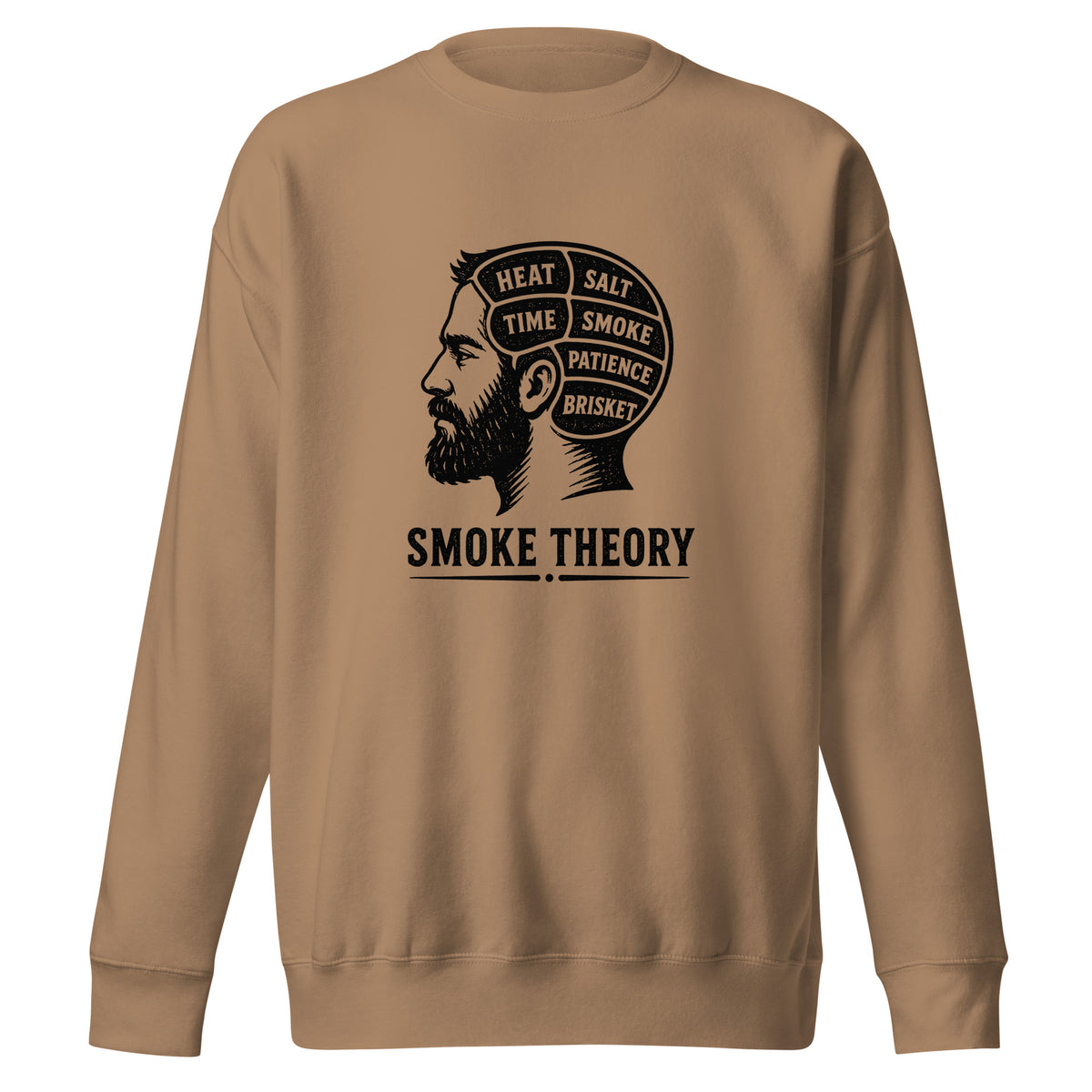 Smoke Theory sweatshirt featuring a black ink illustration of a bearded man's profile with a phrenology-style head labeled Heat, Salt, Time, Smoke, Patience, and Brisket.