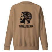 Smoke Theory sweatshirt featuring a black ink illustration of a bearded man's profile with a phrenology-style head labeled Heat, Salt, Time, Smoke, Patience, and Brisket.
