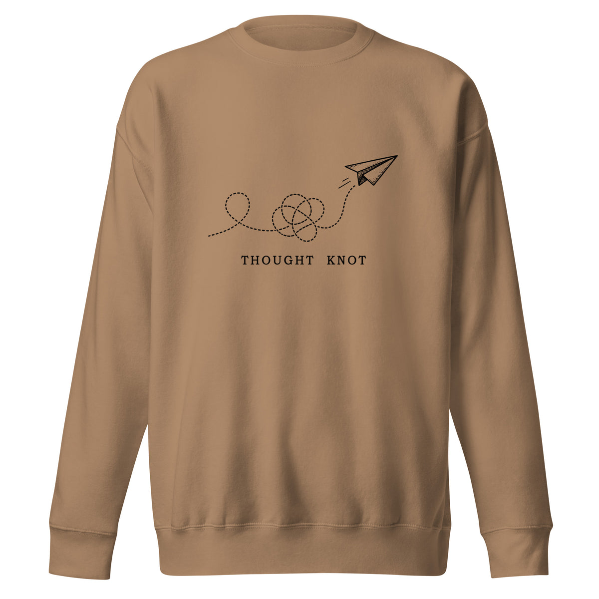 Thought Knot crewneck sweatshirt displaying a vintage paper airplane with a tangled dotted flight path.