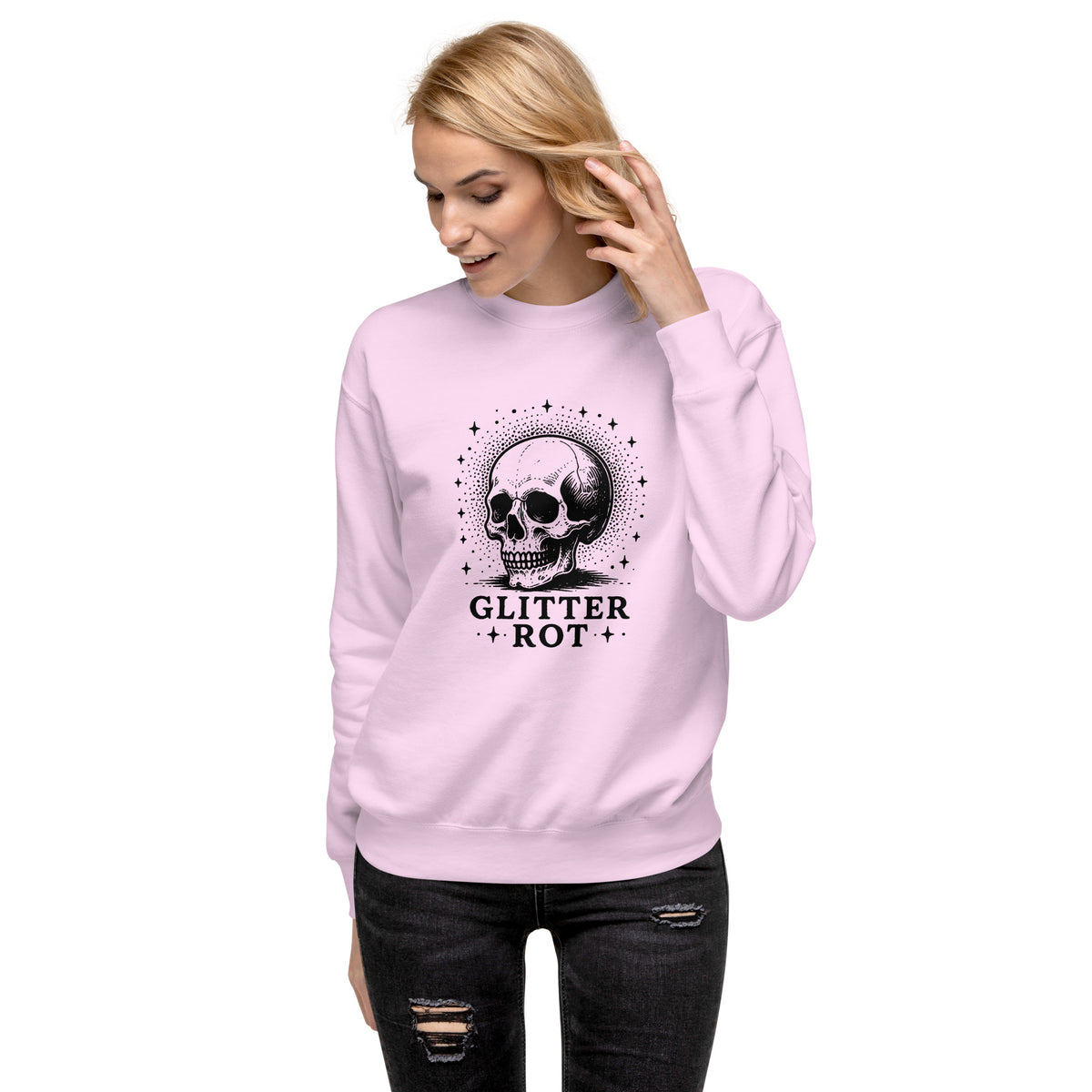Black ink vintage-style illustration of a weathered human skull surrounded by a celestial halo of stars above the words "Glitter Rot" in bold serif lettering on a sweatshirt.
