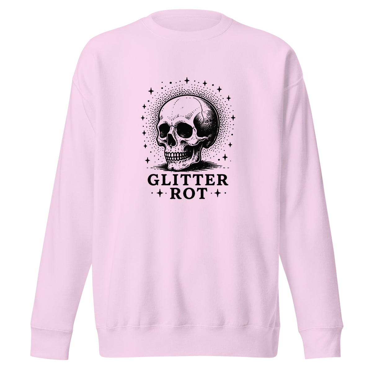 Black ink vintage-style illustration of a weathered human skull surrounded by a celestial halo of stars above the words "Glitter Rot" in bold serif lettering on a sweatshirt.