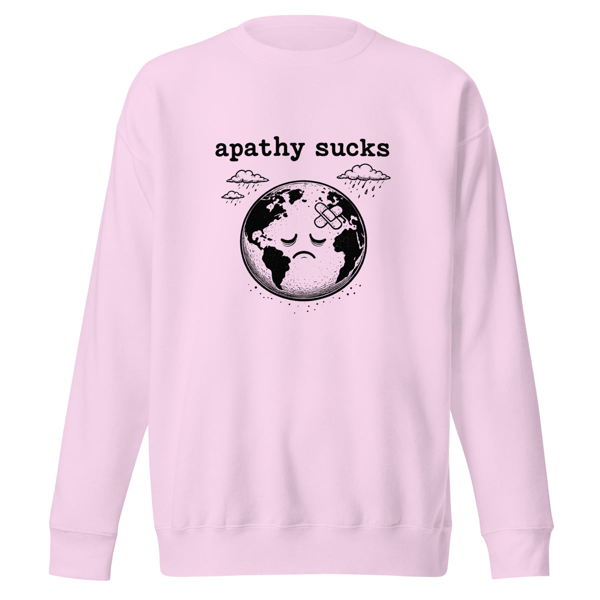 Vintage black-and-white linocut illustration of a sad Earth with a bandage on its forehead beneath rainy clouds and the words "Apathy Sucks" on a sweatshirt.