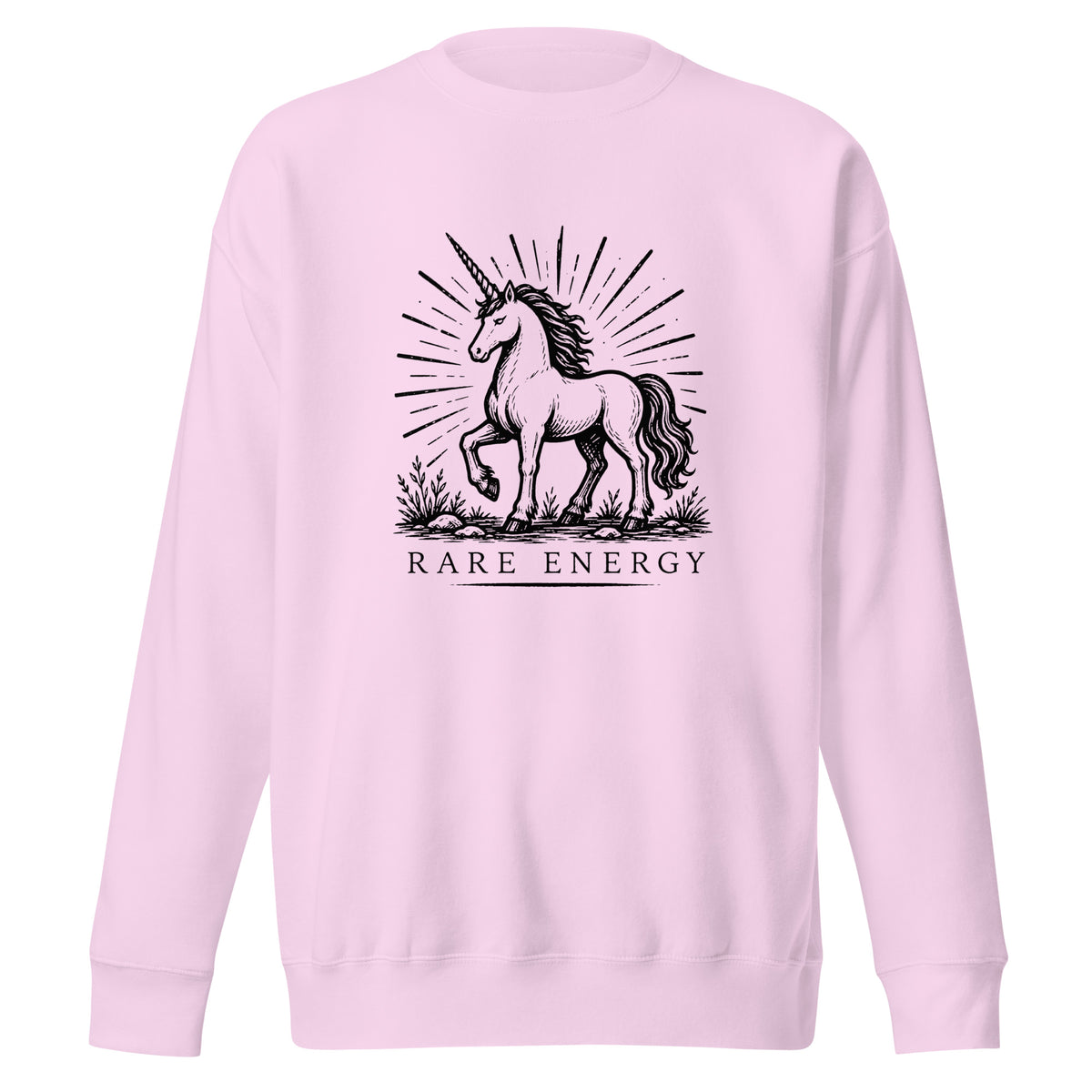 Vintage black-and-white linocut illustration of a majestic unicorn standing beneath radiant sunburst lines with the words "Rare Energy" below in classic serif typography.