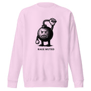 Vintage black-and-white illustration of an angry cartoon bomb pinching its own burning fuse with the words "Rage Muted" underneath, on a sweatshirt.