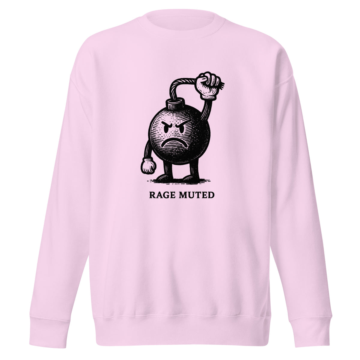 Vintage black-and-white illustration of an angry cartoon bomb pinching its own burning fuse with the words "Rage Muted" underneath, on a sweatshirt.