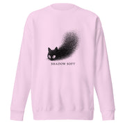 Shadow Soft black cat illustration with wide eyes disappearing into a large stippled black shadow, with vintage typography on a sweatshirt.