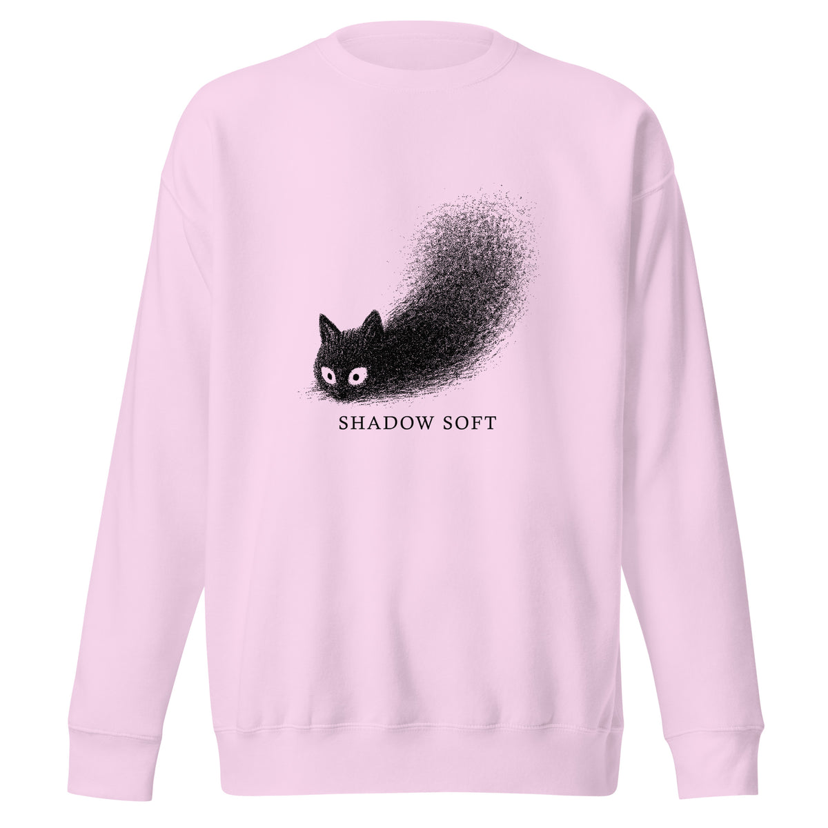 Shadow Soft black cat illustration with wide eyes disappearing into a large stippled black shadow, with vintage typography on a sweatshirt.