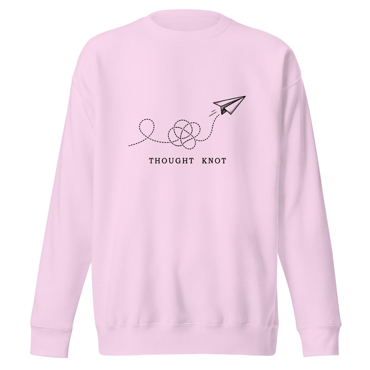 Thought Knot crewneck sweatshirt displaying a vintage paper airplane with a tangled dotted flight path.