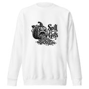 Spill Guts black ink illustration of an expressive carved jack-o'-lantern spilling stringy pumpkin pulp and seeds from its mouth beside decorative hand-lettered text on a sweatshirt.