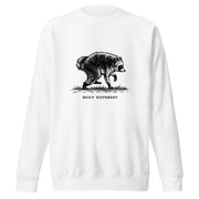 Vintage black-and-white illustration of a raccoon walking above the words "Built Different" on a sweatshirt.
