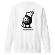 Vintage black-and-white illustration of an angry cartoon bomb pinching its own burning fuse with the words "Rage Muted" underneath, on a sweatshirt.