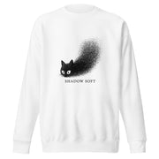 Shadow Soft black cat illustration with wide eyes disappearing into a large stippled black shadow, with vintage typography on a sweatshirt.
