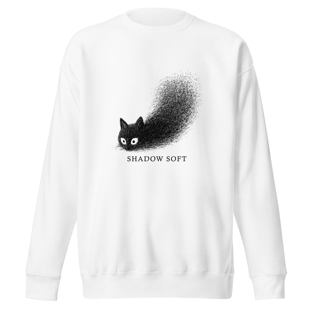 Shadow Soft black cat illustration with wide eyes disappearing into a large stippled black shadow, with vintage typography on a sweatshirt.