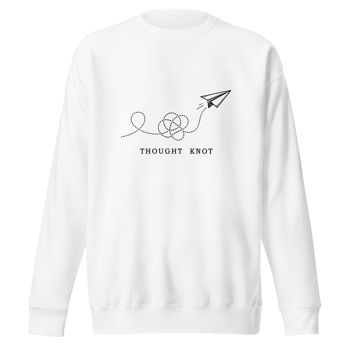 Thought Knot crewneck sweatshirt displaying a vintage paper airplane with a tangled dotted flight path.